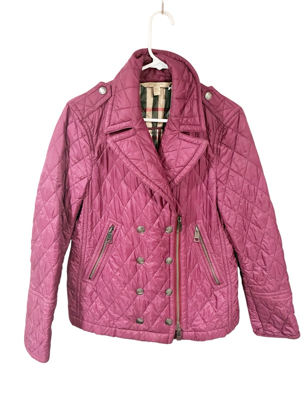 Burberry Brit Puffer Jacket Magenta Quilted Argyle Diamond Nova Check Medium